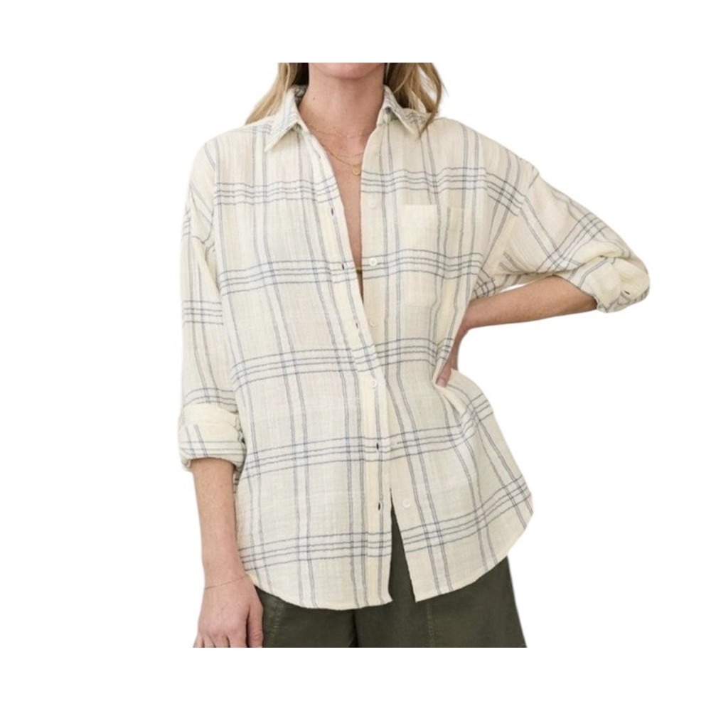 Faherty Dune Shirt Top Women's Large Cotton Gauze Relaxed Plaid Long Sleeve
